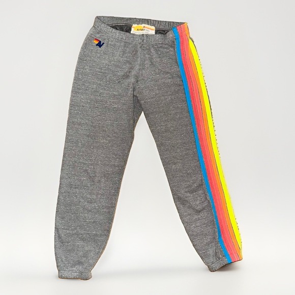 Aviator Nation Pants - Aviator Nation 5 Stripe Sweatpants Heather Grey Neon Rainbow Joggers Women M Gym